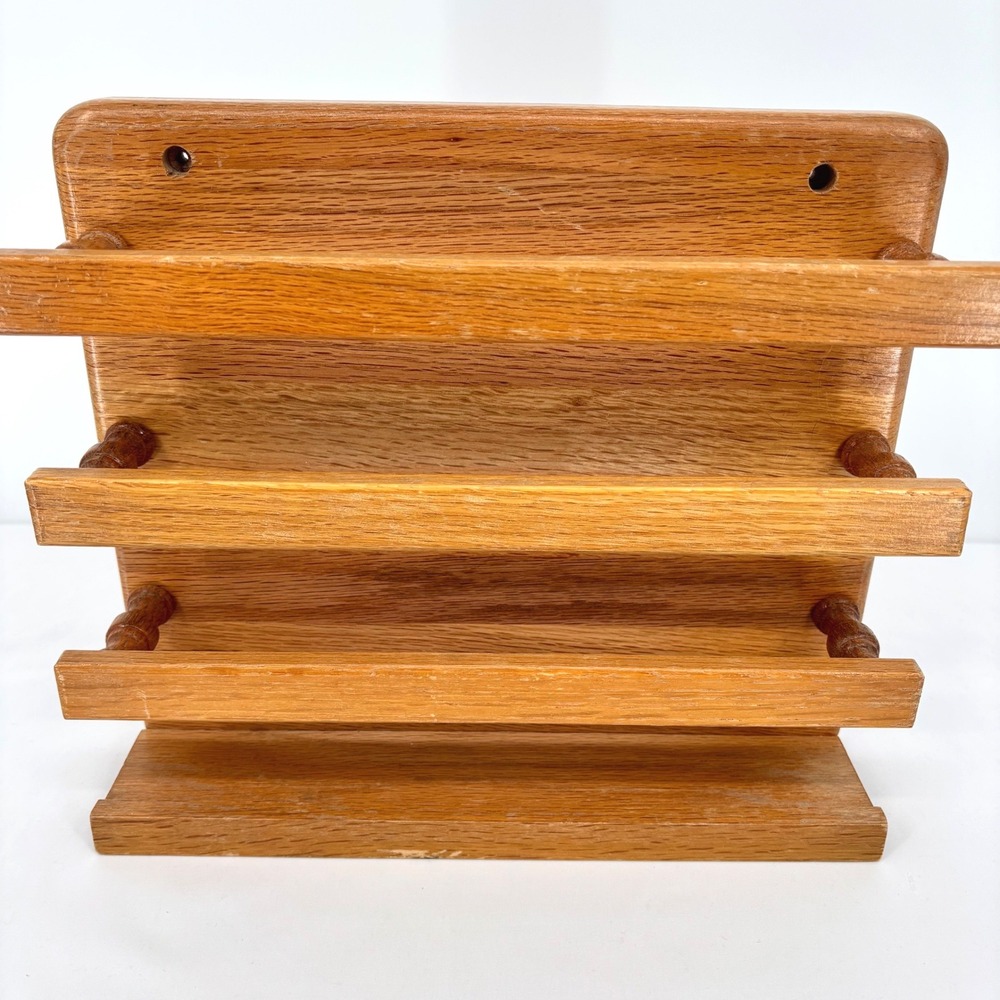 Vintage Solid Oak Wood 3 Tier Wall Mount Mail Organizer Letter Holder Spindle